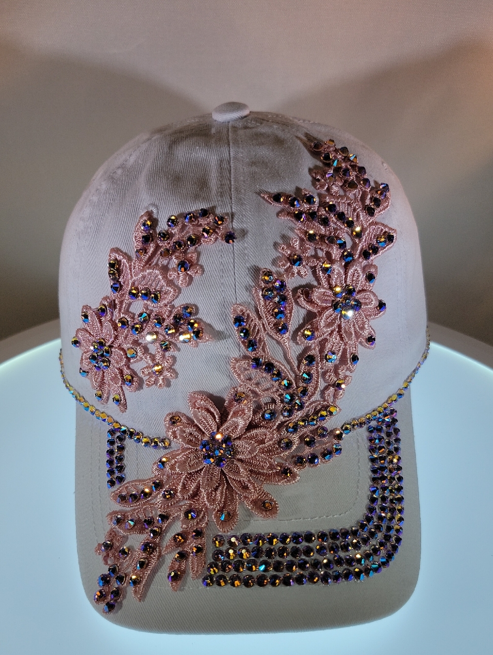 Embellished Pink Floral Rhinestone Baseball Cap